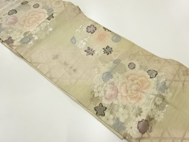 JAPANESE KIMONO / ANTIQUE NAGOYA OBI FOR SUMMER / WOVEN FLOWER ROUNDEL